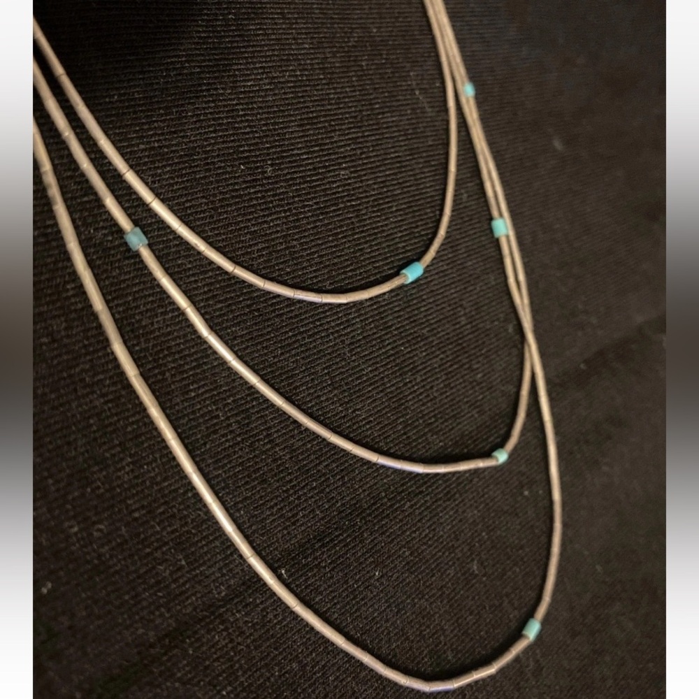 Sterling Silver Long Multi-Strand ‘liquid silver’ & turquoise necklace southwest